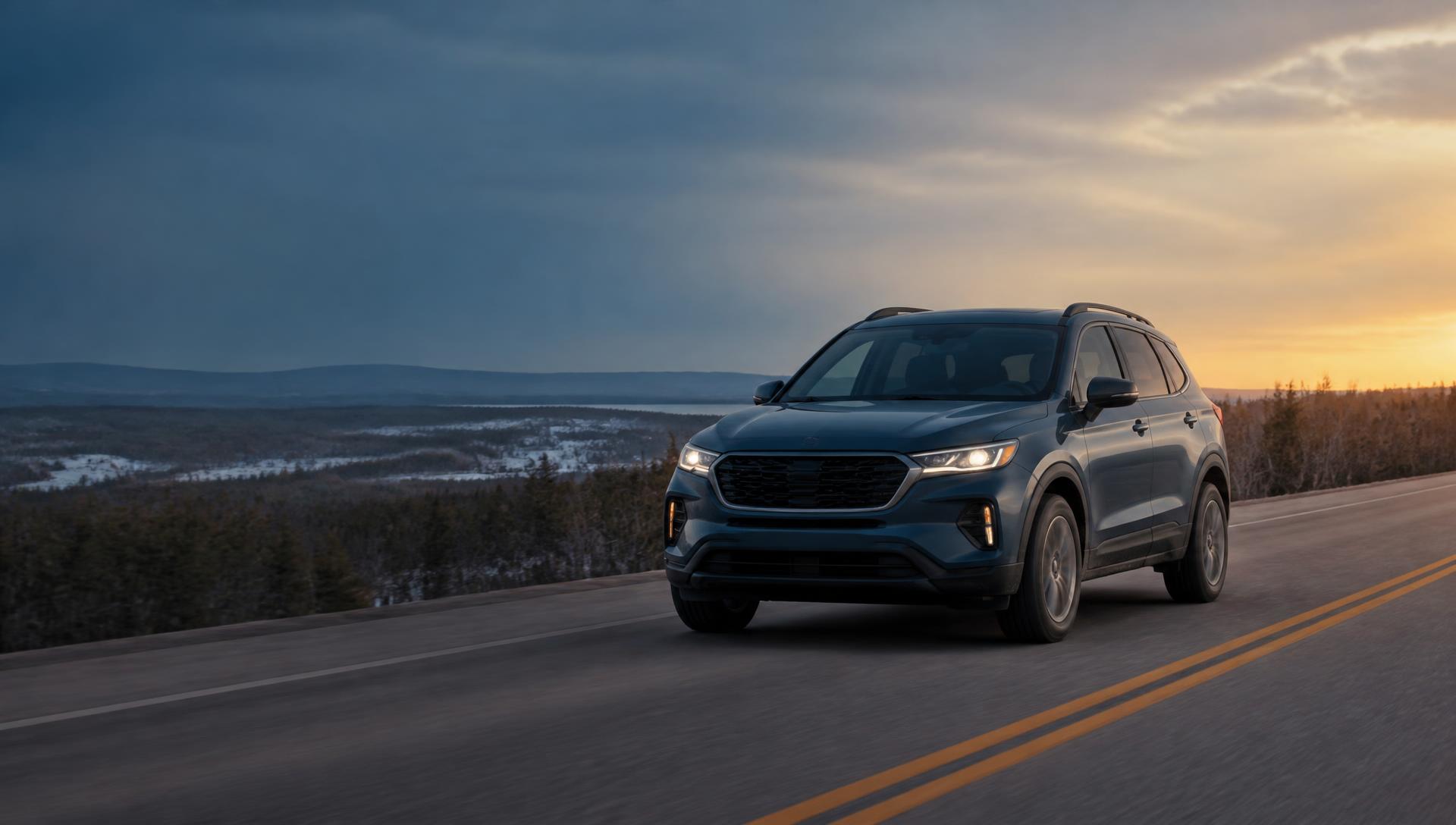 VUS compact sur une route québécoise au coucher du soleil